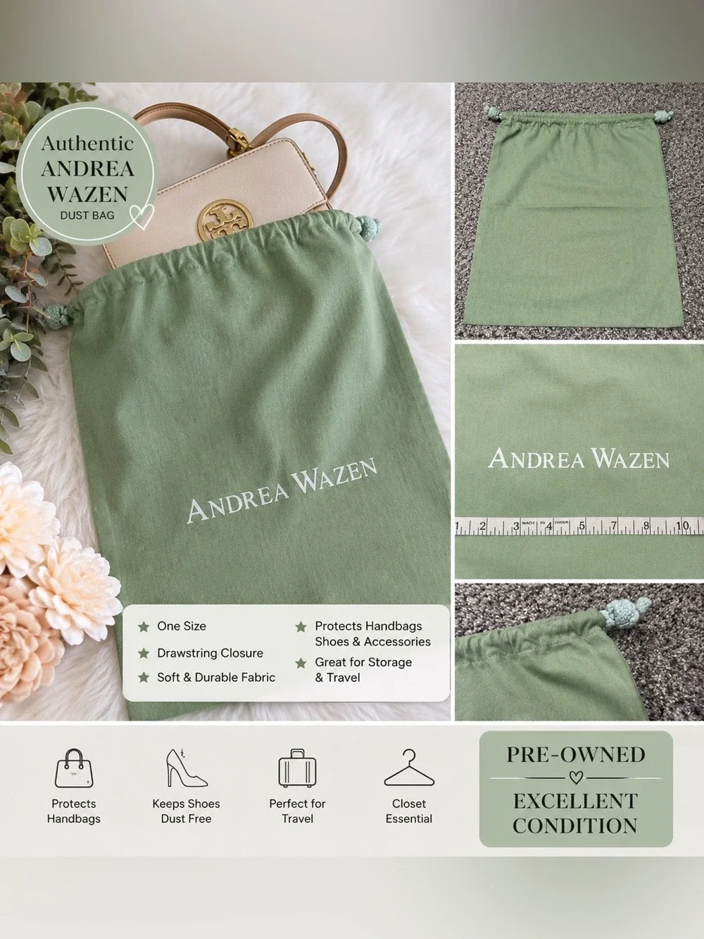 Andrea Wazen Sage Green Drawstring Dust Bag Storage Pouch Travel Organizer
